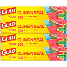 Glad Cling N Seal Plastic Wrap for Food, Airtight Seal, 300 Square Foot Roll (Pack of 4)