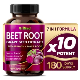GriMed 12,900mg Beet Root x12 Potency with Grape Seed Extract, Maca Root, Red Spinach, Ashwagandha - Healthy Energy Supplement for Heart Support (180 Count (Pack of 1))