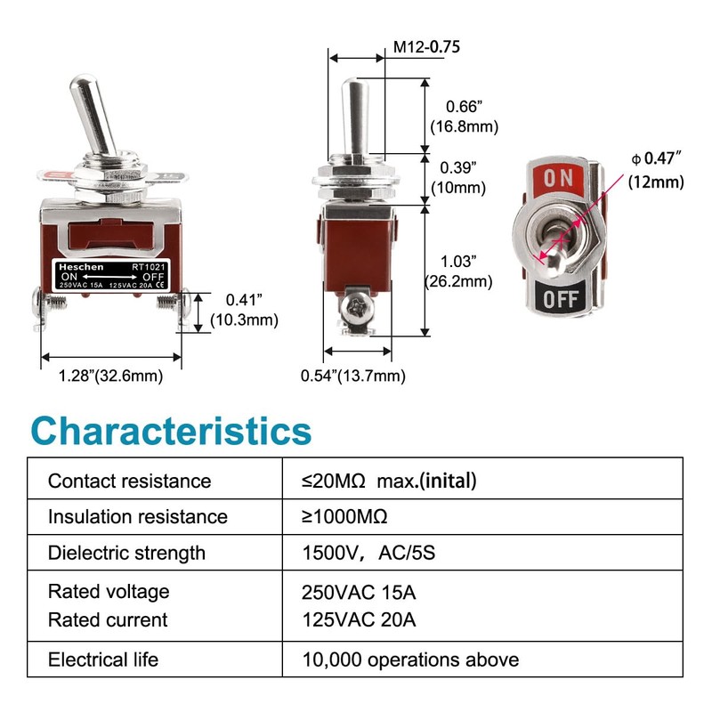Heschen Metal Toggle Switch, RT1021, SPST, Maintained ON/OFF 2 position