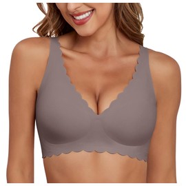 Xcutting Deep V Petal Bras for Women Wavy Wireless Bras for Women Smooth No Underwire Bralettes with Support Seamless V Neck Comfort T Shirt Bras with Extender (Grey,Small)