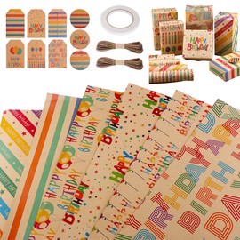 6 Rolls of Wrapping Paper Birthday Wrapping Paper Roll Kraft Paper with Label and String 70 x 50 cm for Women, Girls, Baby, Men, Boys, Children