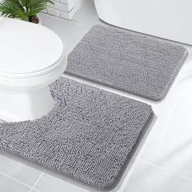 OLANLY Bathroom Rugs Sets 2 Piece, Soft Absorbent Chenille Bath Mats and U-Shaped Contour Toilet Mat Area Rug Set, Machine Washable Bath Carpet, Home Decor Accessories(24"x16"+24"x20", Grey)