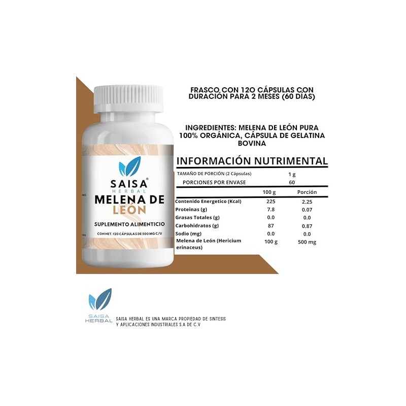 Melena De León 100 Pura Premium 240 Cápsulas De 500