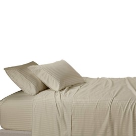 Royal Tradition Damask Striped 580-Thread-Count, 100-Percent Cotton Split-Top-King Sheets Set for Adjustable Beds, Beige