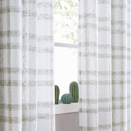 Randall Linen Curtain Panel Pairs for Living Room 63 Inch Length Geometric Check Backtab Rod Pocket Semi Sheer Window Treatment Heavy Rustic Farmhouse Style Drapes for Bedroom, 54"x63"x2, Sage Green