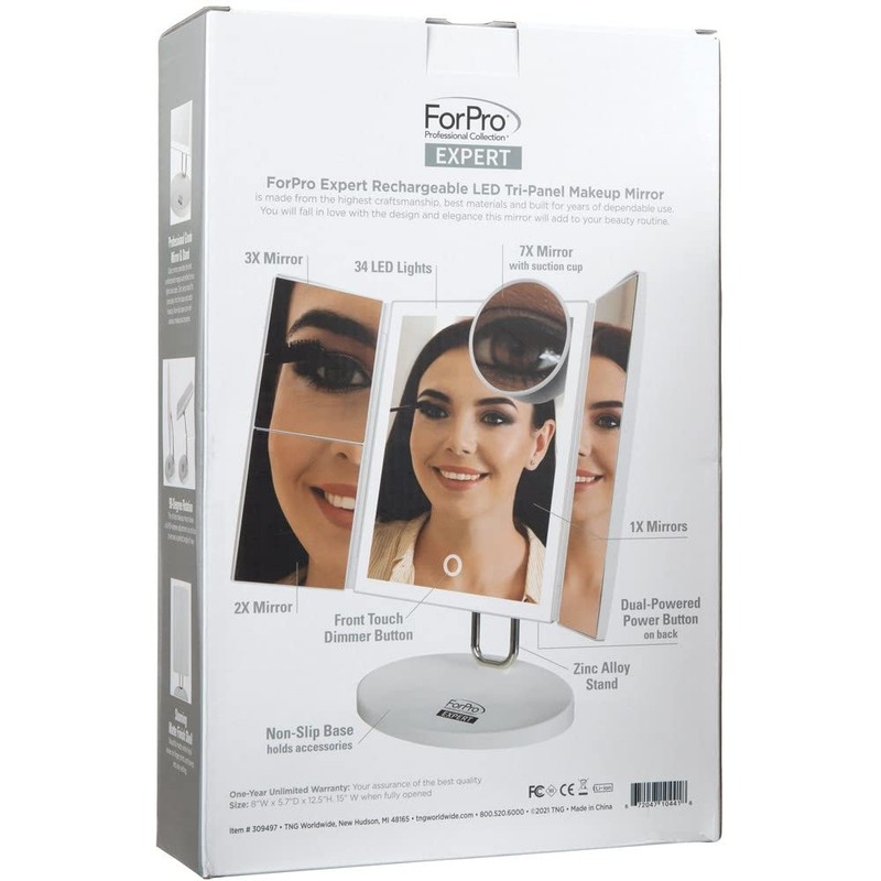 ForPro Professional Collection Expert Rechargeable LED Tri-Panel Makeup, Dual-Powered, Vanity