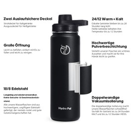 HydroPal Stainless Steel Drinking Bottle - 750 ml, 1 L, 1.2 L, BPA-Free, Suitable for Carbonated Drinks, Insulated Bottle with Straw & 2 Lids, Leak-Proof Insulated Bottle for Sports (Black, 500 ml)