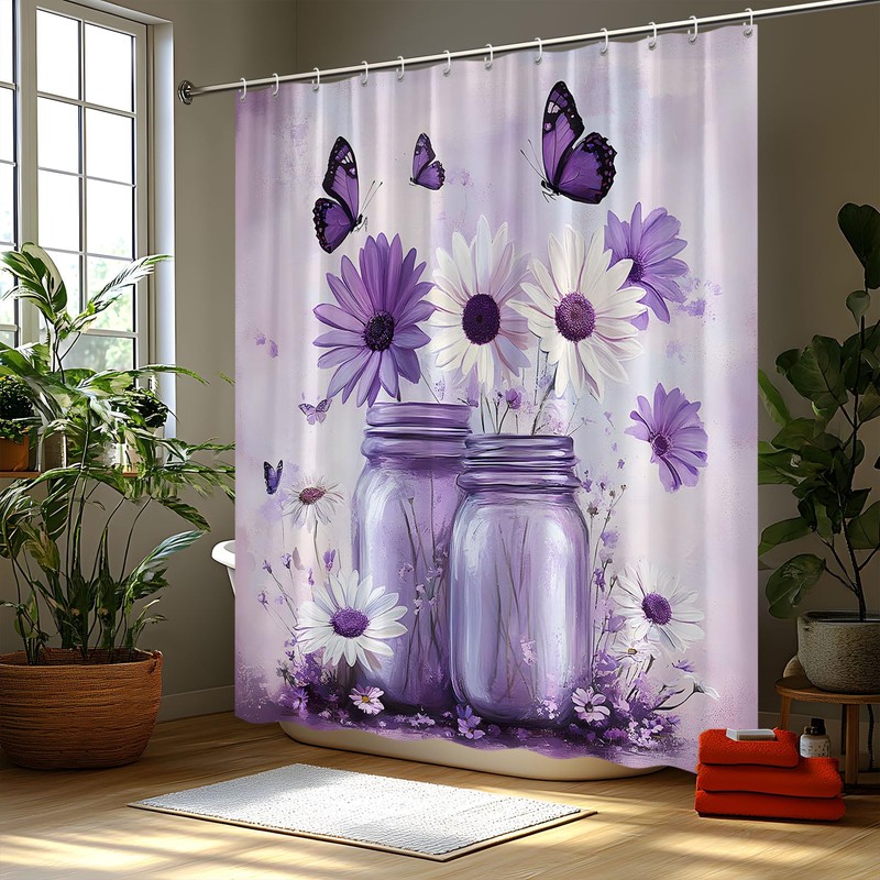 FAXTOZ Rustic Purple Butterfly Daisy Floral Glass Jar Shower Curtain,