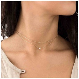 Yheakne Boho Layered Pearl Choker Necklace Gold Pearl Pendant Necklace Tiny Dot Layering Necklace Vintage Necklace Chain Jewelry for Women and Girls Gifts