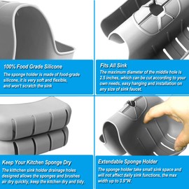 OKeanu Sponge Holder for Kitchen Sink, Silicone Sink Saddle Caddy Organizer Rack, Sponges Holder Over Faucet, Hanging Kitchen Organizer Accessories Rack Basket - Grey