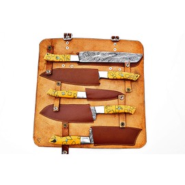 Custom Handmade Damascus Chef Knives Set/Kitchen Knives 5 Pieces Set SS-17313, Handle is Made of Walnut Wood and Bolster is Made of Steel. (Yellow)