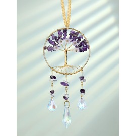 JOVIVI Amethyst Crystal Tree of Life Flower Sun Catcher Hanging Ornaments Gifts for Women,Healing Crystal Gemstone Purple Gifts,Sun Catchers for Windows Garden Wall Home Car Decor