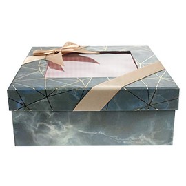 Emartbuy Rigid Square Luxury Presentation Gift Box, 20 cm x 20 cm x 8 cm, Blue/Grey Marble Effect with Gold Origami Lines, Pink Chequered Interior, Clear Top and Satin Bow Ribbon