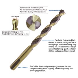 Hss Drill Bits 1/8 in. Jobber Twist Parabolic Flute Golden/Black 3-Flat Shank Drill Steel Metal-10Pcs