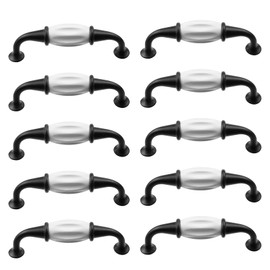 FarBoat 10Pcs Cabinet Handles Ceramic Pulls Antique Funiture Hardware for Dresser Closet Cupboard Drawer Door with Mounting Screws (Black/White, Hole Centre 96mm/3.8inch)