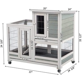 Esright Rabbit Hutch Pet House for Small Animals 37 inches Guinea Pig House Rabbit Cage with Run Bunny House Indoor 4 Casters Removable No Leak Trays & Ladder
