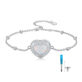 AOBOCO Heart Opal Urn Bracelet for Ashes 925 Sterling Silver Cremation Bracelet Holds Loved One's Ashes for Women Memorial Keepsake Beangle Embellished with Crystals from Austria