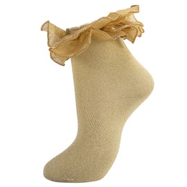 MKYSZLT Women Gold Glittery Ruffle Ankle Socks Adult Double Lace Silver Sparkling Frilly Socks Cute Fluffy Dress Sock Woman (US, Alpha, One Size, Regular, Regular, gold - 1 pair)