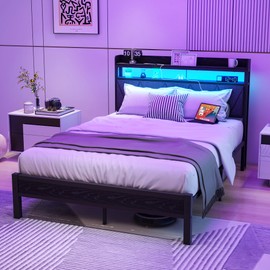 VERFARM Full Bed Frame with LED Lights Storage Upholstered Headboard and Charging Station, Metal Platform Double Bed Frame Full Size with 2-Tier Storage Shelves, No Box Spring Needed, Easy Assembly