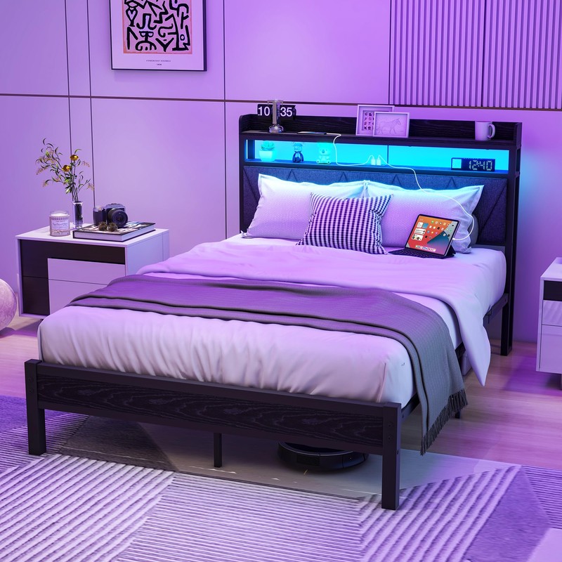 VERFARM Full Bed Frame with LED Lights Storage Upholstered Headboard