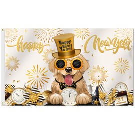 SENSEVEN Happy New Year Golden Retriever Dog Flag 3x5 Ft Double sided, Winter New Year Eve Outdoor Banner, New Year Dog Fireworks Clock Holiday Flag with Brass Grommets for Yard Porch Outdoor Decor