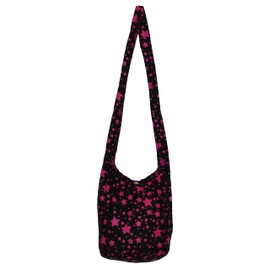 Bohemian Boho Hobo Hippie Shoulder Crossbody Bag Purse Tote Handbag 33" (StarBlackBrightPink)