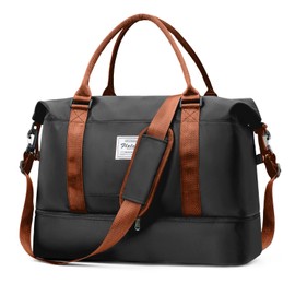 Travel Duffel Bag, Sports Gym Tote Bag for Women, Carry on Luggage Bag for Airplanes, Lightweight Weekender Overnight Shoulder Bag Waterproof Beach Hospital Bag with Shoes Compartment，M40-Black Brown