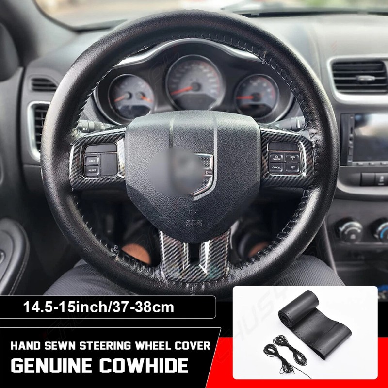 CHUSYYRAY 15" Black Genuine Leather Car Steering Wheel Cover For