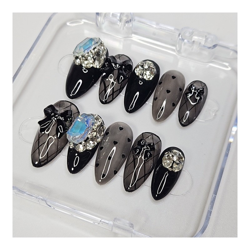 Black see-through handmade nail tips - long stiletto / 블랙