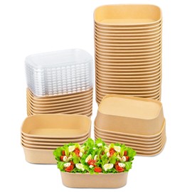 BALDCC 19 oz 50 Pcs Paper Bowls with Lids, Disposable Salad Bowls with Lids,Paper Food Containers, Disposable Square Kraft Paper Bowls with Lids for Salad, Soup, Snacks, Desserts