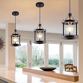 MO&OK MO&OK Chandelier Set of 3 Vintage Pendant Light Fixture, Black Farmhouse Wooden Metal Chandeliers, Open Frame Hanging Lighting for Diningroom,Bar,Entrance Hall,Kitchen Island Living Room