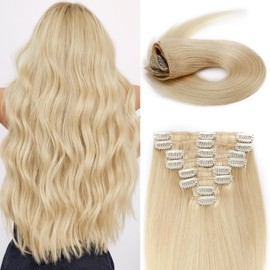 MY-LADY Clip In Hair Extensions Real Human Hair 16 Inch 8pcs Remy Real Hair Extension Clip ins #60 Platinum Blonde 90g Silky Straight Full Head Soft Natural Extension