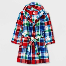 Cat & Jack Robe Kids Plaid Hooded Tie Waist - M