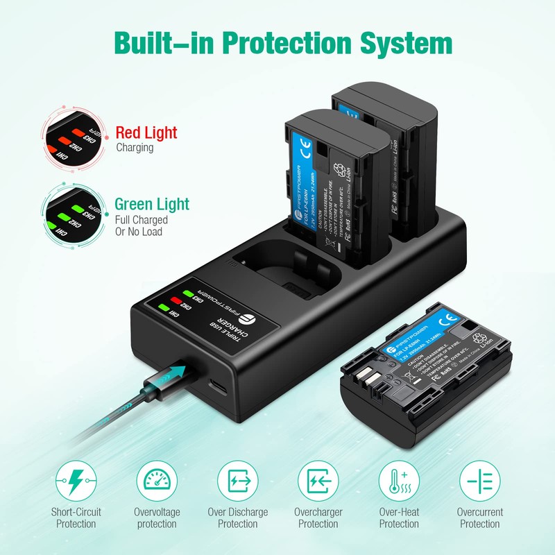 FirstPower LP-E6NH Battery 3-Pack and Triple Slot Charger Compatible with