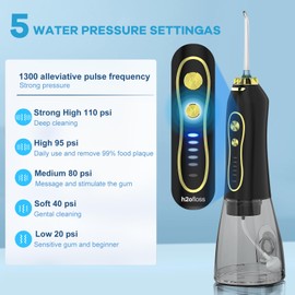 H2ofloss Water Dental Flosser Teeth Pick -Portable Oral Irrigator with 5 Modes, Rechargeable IPX7 Waterproof Orthodontic Teeth Cleaner Pick Cordless for Home Travel-300ml Water Tank Gold