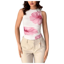 Milumia Women's Flower Print Mesh Top Sleeveless Mock Neck Ruched Tank Tops Light Pink Flowerr X-Large