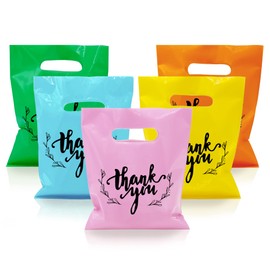KEEPARTY 100 PCS Small Thank You Merchandise Bags Plastic Goodie Bags Party Favor Bags for Birthday Party Baby Shower Wedding Merchandise Gifts Trade Shows (Five Colors)