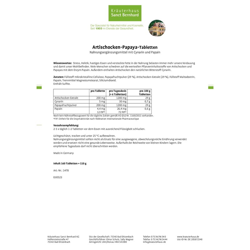 Sanct Bernhard Artichoke Papaya Tablets with the Enzyme Papain 160