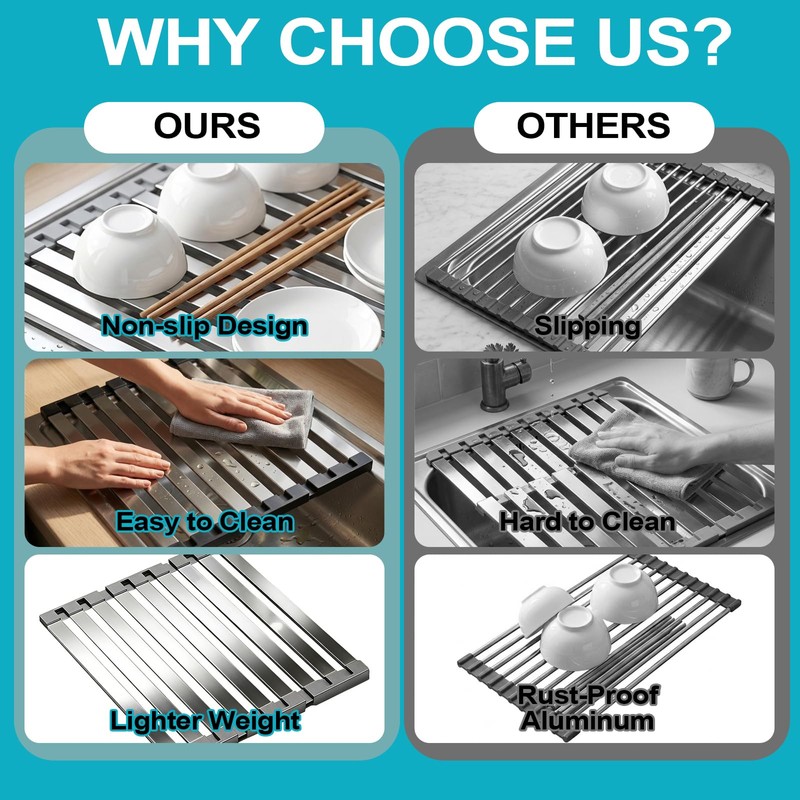 Aluminum Dish Drying Rack, 17.7" x 13.4", Foldable, Rust-Proof, Non-Slip