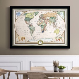 Renditions Gallery Colorful World Map Canvas Wall Art with Modern Black and Silver Frame Wall Hanging Travel Map with Push Pins for Home, Office, Classroom