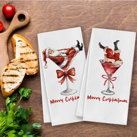 CosxHabitat Funny Christmas Santa Cocktail Kitchen Dish Towels, Christmas Bar Decor, Martini Cocktail Lover Gifts Hand Tea Towels for Kitchen Bar Cart Decor, 16x24 Inches Set of 2