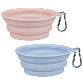 Silicone Foldable Pet Dog Bowl, 2 Pack, for Traveling, Camping, Walking, Hiking,Outdoor Portable,Leak-Proof with a Carabiner, Food-Grade Safe Material, Waterproof and Anti-Slip 350ml (Pink+Blue)