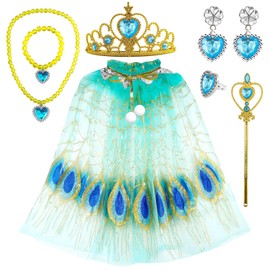 exatta 8 Pieces Peacock Princess Tulle Cape Glitter Sequins Girls with Crown Wand Necklace Bracelet Ring Earrings Children's Costume Set for 5-10 Years for Carnival Theme Party Fancy Dress Birthday