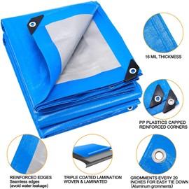 Blue Tarp, Tarps Heavy Duty Waterproof 16x16, Waterproof Plastic Poly 16 Mil Thick Tarpaulin with Metal Grommets Every 19.5 Inches - Emergency Rain Shelter, Outdoor Cover, and Camping Use