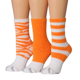 Tipi Toe Women's 3-Pairs Cozy Microfiber Anti-Skid Soft Orange White Colored Leopard Striped Patterned Fuzzy Crew Socks, FZ41-A-T1