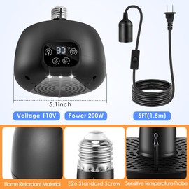 Gulfmew 1 Pack Chicken Coop Heater with Remote, 200W Chicken Coop Warmer Temperature Control with Lights, Heat Lamps for Chickens with Digital Display and 5Ft Cable for Reptiles/Duck/Lizard