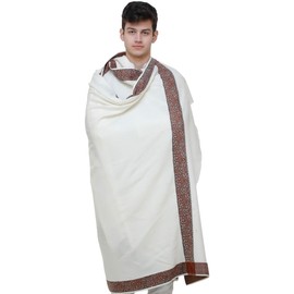 Exotic India Plain Men's Shawl with Brown Woven Border - Color Ivory