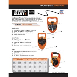 Keson G130 Giant Chalk Line Reel, 24-Ounce Chalk Capacity, 130-Foot