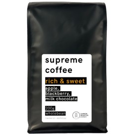 SUPREME COFFEE - Rich & Sweet | Whole Bean | Medium Roast | Arabica Specialty Coffee | Ethical & Carbon Neutral | 200 g (Pack of 1)
