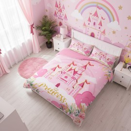 Manfei Princess Twin Bedding Sets for Girls,Pink Castle Dreamy Comforter Cover Kids Bedroom Decor,Flowers Bed Set,Fairy Tale Theme Duvet Cover Cute Blanket,Gifts for Girl,No Comforter
